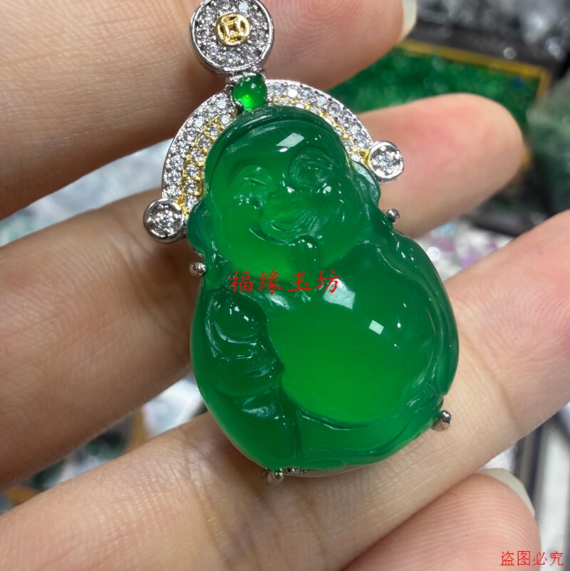 精品翡翠冰种满绿佛吊坠挂件精美雕刻镶嵌吊坠挂件百搭高级感