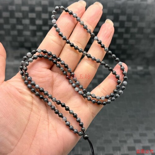 翡翠A货冰乌鸡小米珠3.5mm挂绳