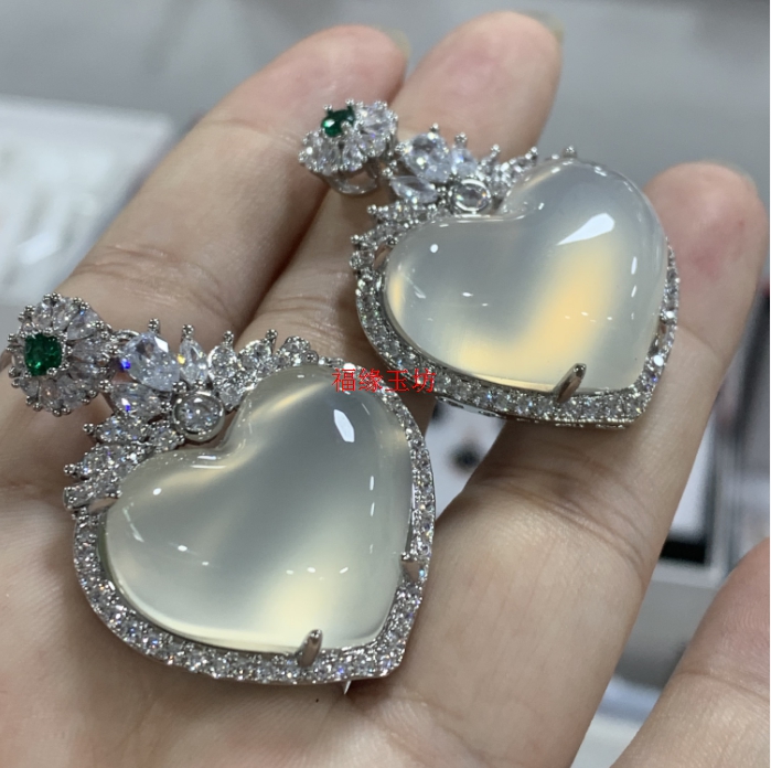 高冰种玉髓玉坠银镶嵌爱心如意项链翡翠挂件坠子