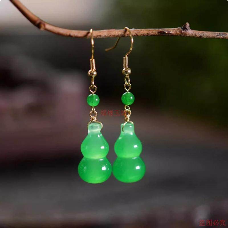 精品玛瑙耳环925银镀金镶嵌绿玉髓葫芦长款耳坠女款精致玉石耳饰