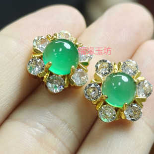高冰种满绿翡翠耳钉缅甸原创正品镶嵌帝王绿蛋面耳饰女款