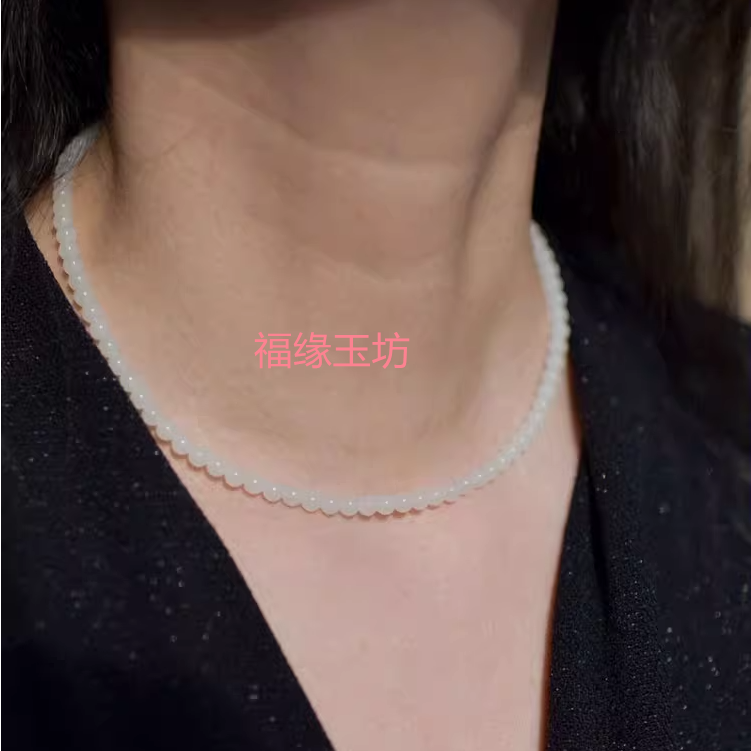 天然新疆且末老料和田白羊脂玉项链女款小米珠锁骨链米达籽料圆珠
