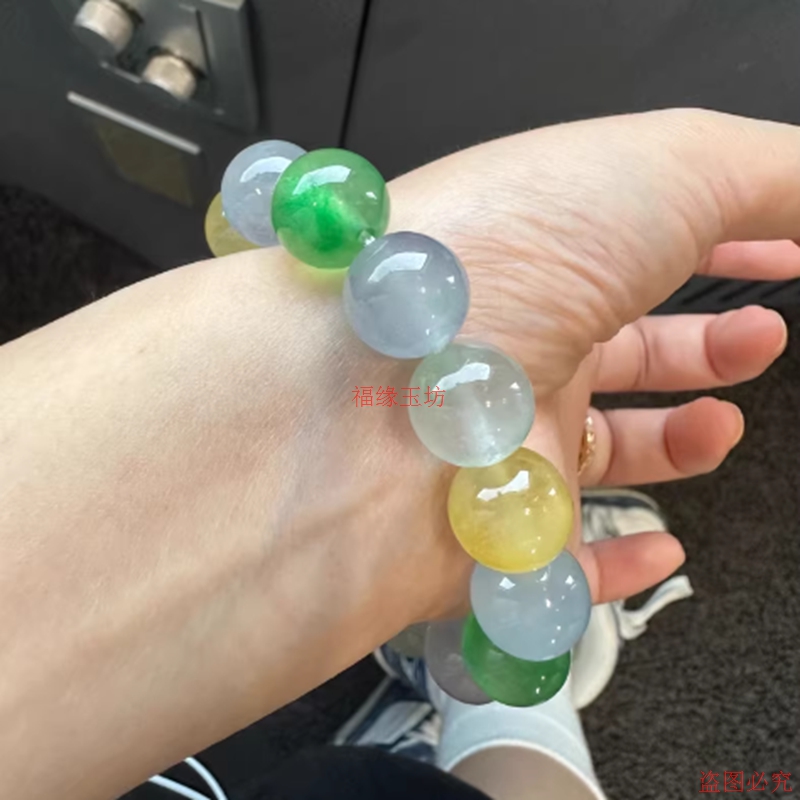 精品缅甸翡翠手串冰种大颗粒马卡龙糖果色多宝手串男女同款手饰