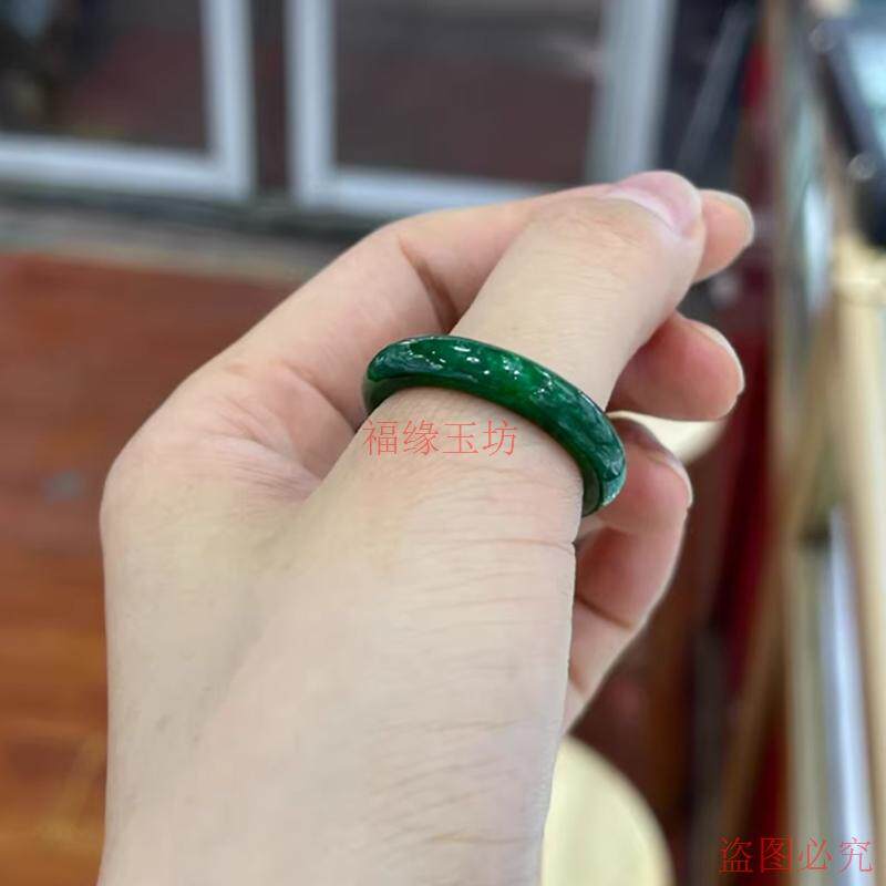 精品缅甸干青翡翠指环细糯种满绿色翡翠戒指男女款戒圈送朋友