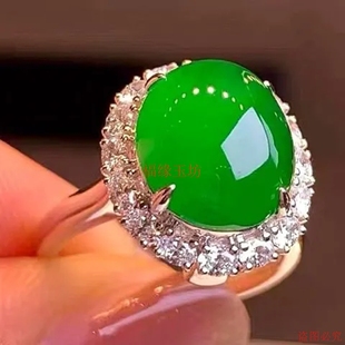 新品A级满阳绿翡翠色925银镶嵌戒指正品冰种蛋面镶嵌女款戒圈手饰