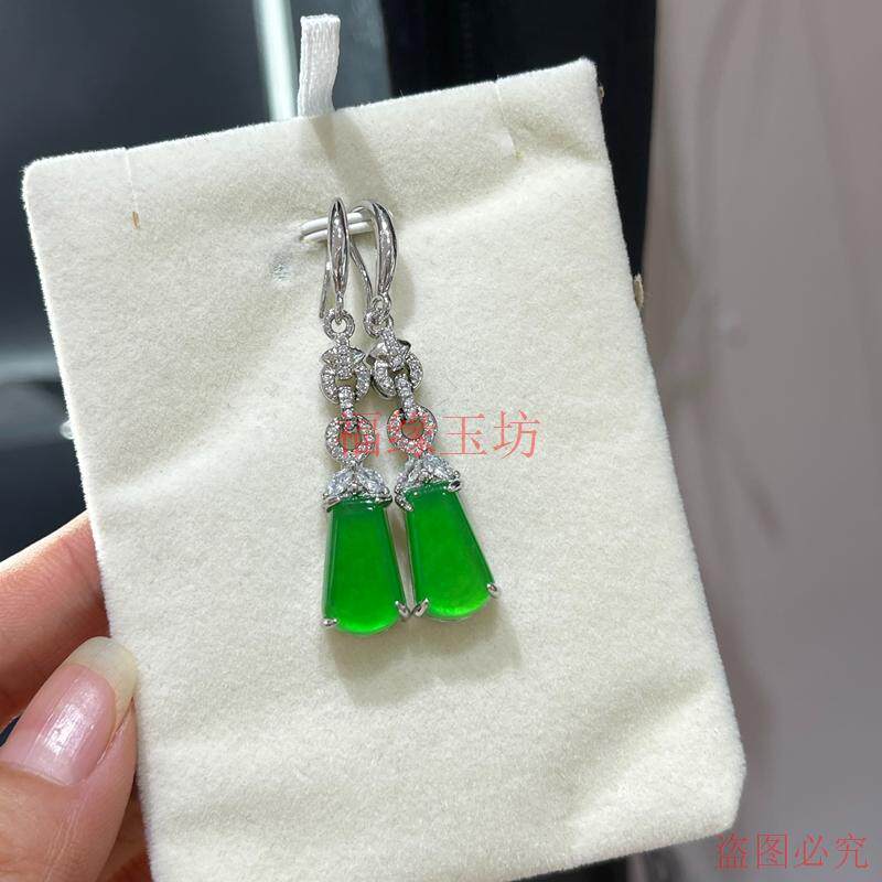 精品缅甸翡翠耳坠冰种满绿色无事牌耳环925银镶嵌耳饰女款
