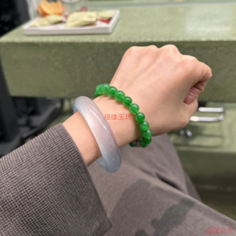 精品缅甸翡翠手串冰种阳绿满绿圆珠手链男女同款显白玉石手饰