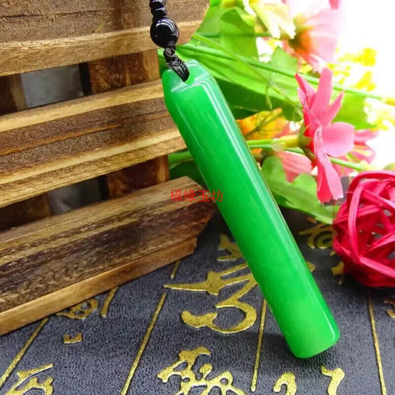 天然古玉器明清顶戴花翎玉坠情侣吊坠 满绿翡翠翎管创意吊坠挂件