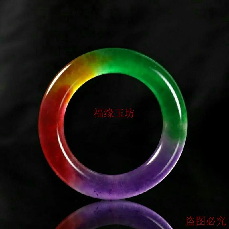 精品缅甸翡翠手镯冰种春彩飘花圆条玉石镯子女款福镯手饰