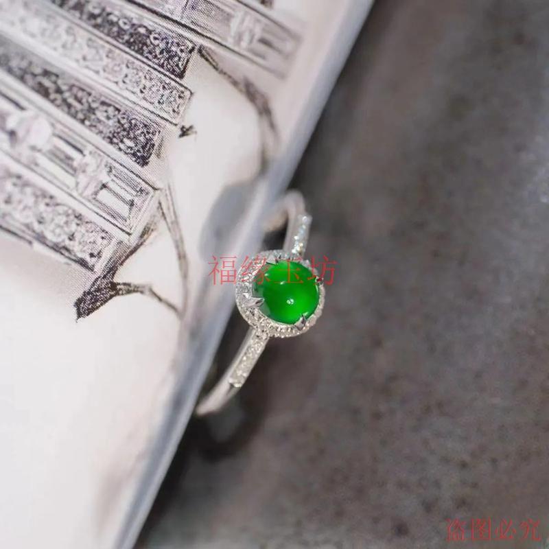 精品翡翠色戒指925银镶嵌满绿玉髓蛋面戒圈精致气质女款指环