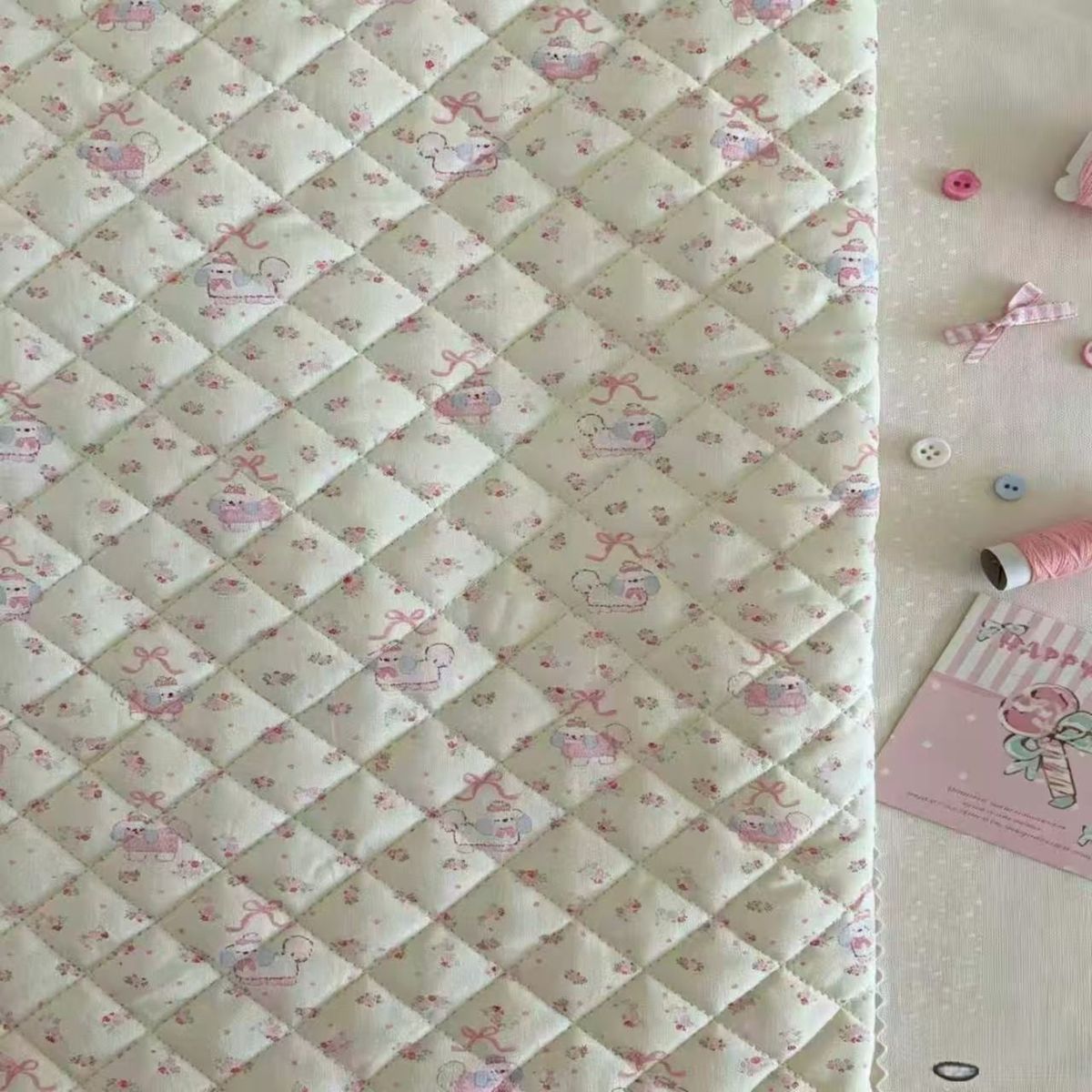 全棉印花菱格绗棉布料可爱少女碎花小狗面料发饰服装包包手工diy