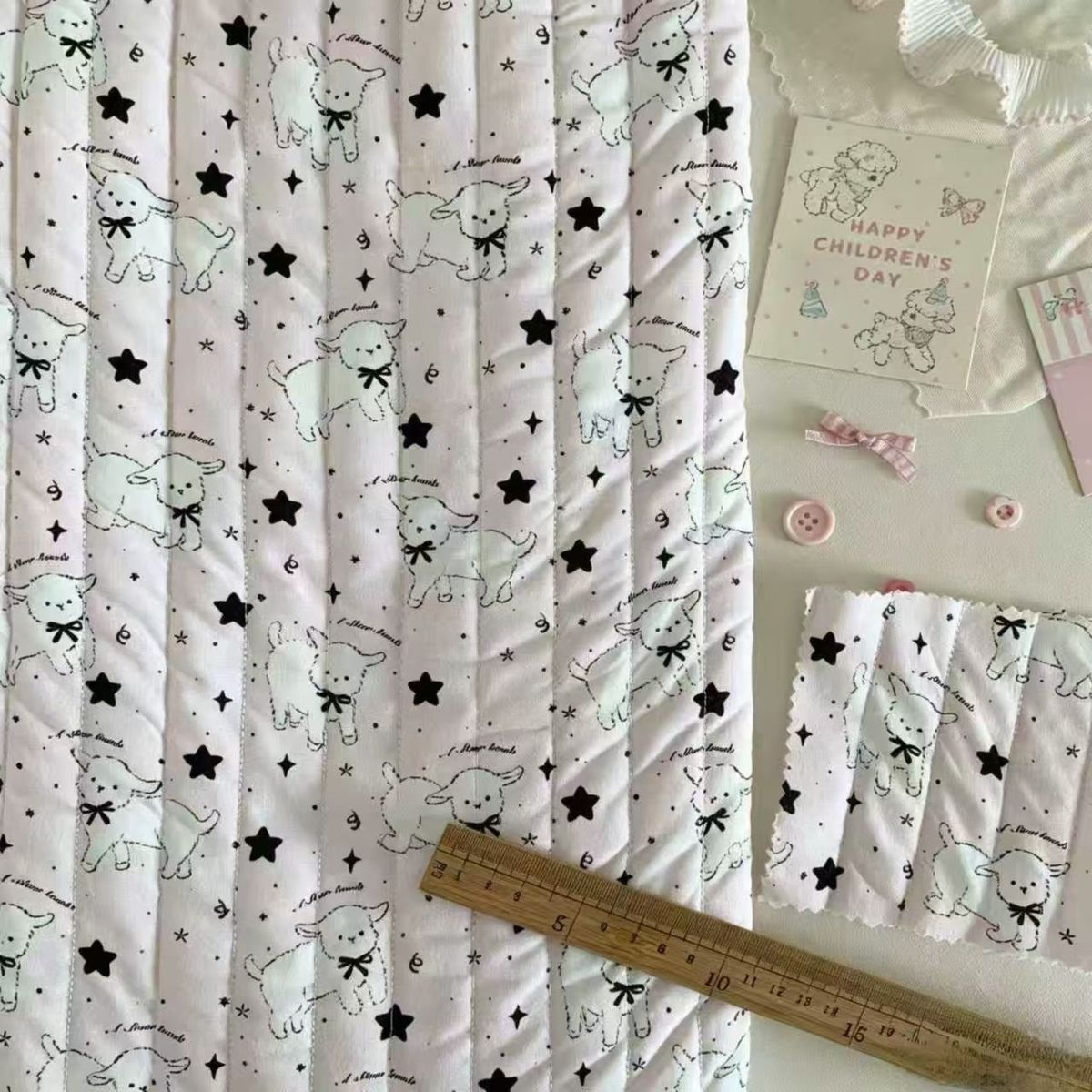 全棉条纹绗棉印花布料可爱卡通星星小羊发饰服装包包手工diy面料