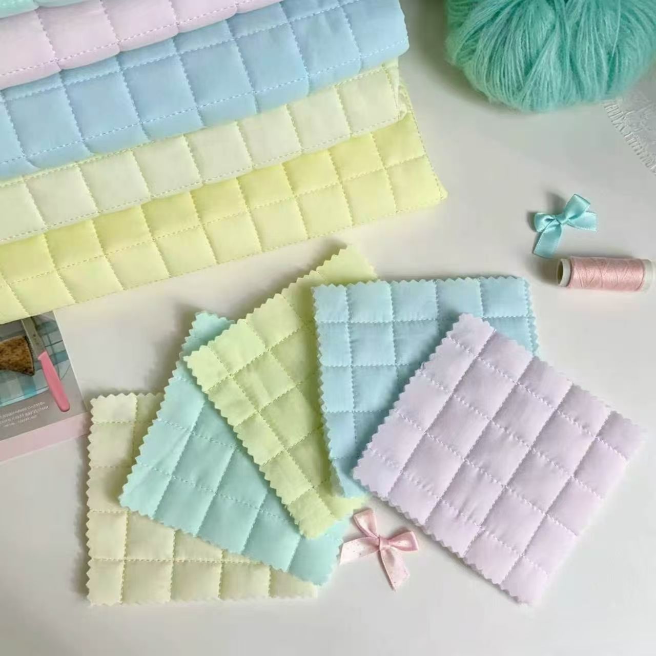 ins风韩系马卡龙纯色方格绗棉面料发饰服装化妆包杯垫手工diy布料