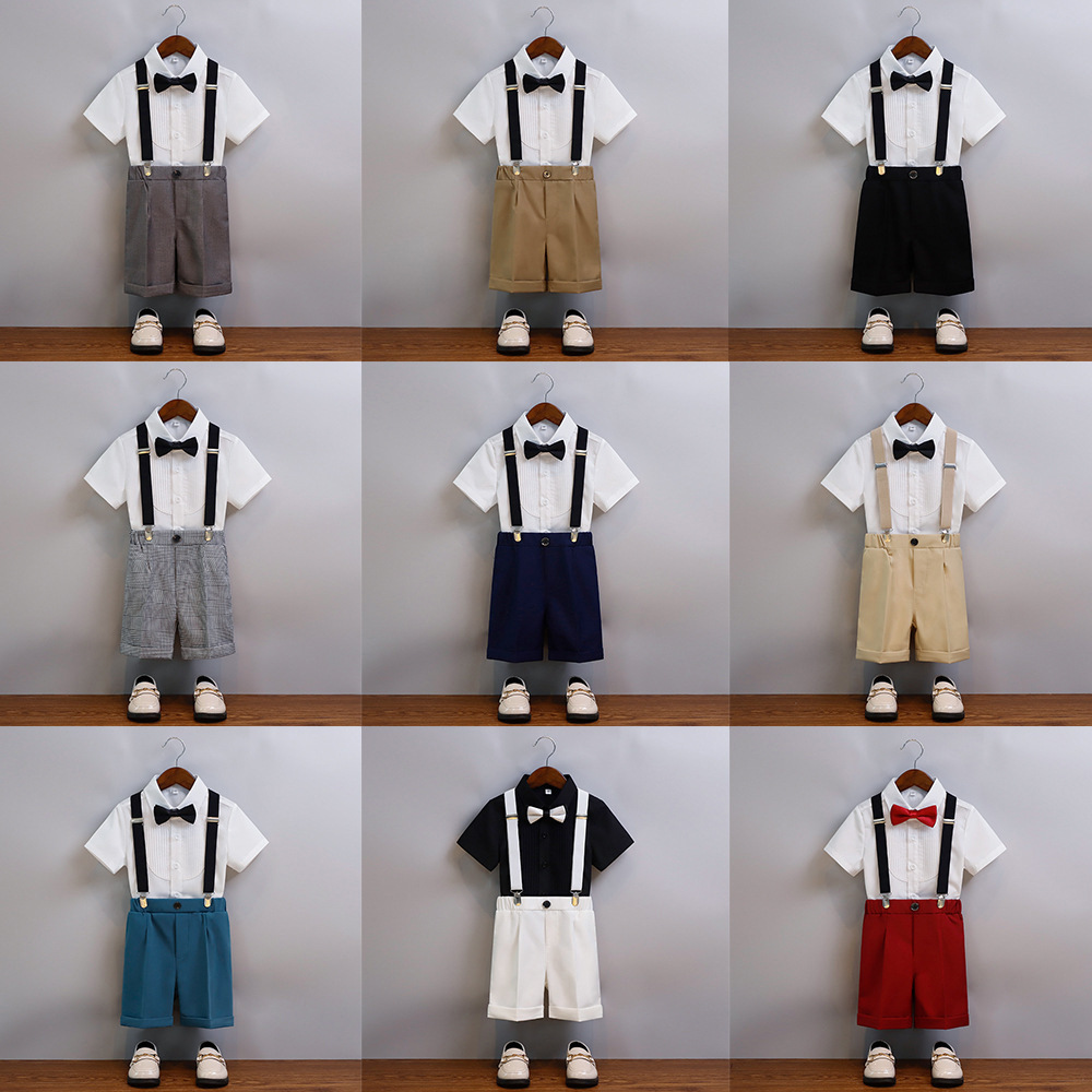 儿童礼服男童夏款毕业季英伦短袖背带裤套装小西装演出服花童周岁