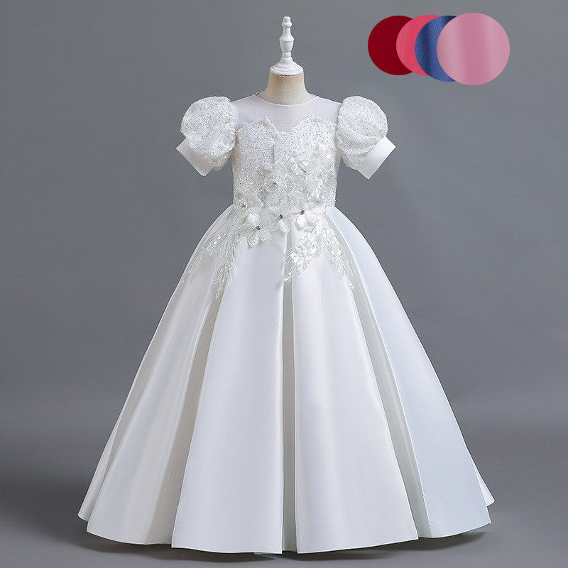 儿童绸缎礼服网纱公主裙泡泡袖绣花钢琴主持人生日表演礼服连衣裙