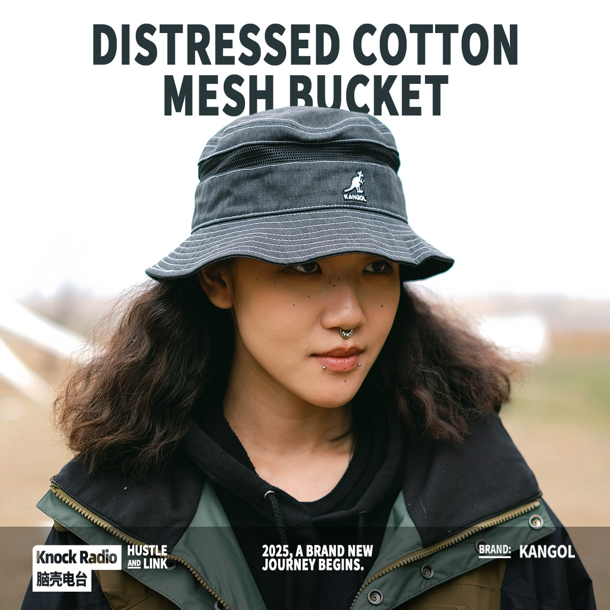 Kangol Cotton Mesh美潮袋鼠夏季露营户外刺绣logo防晒盆帽渔夫帽