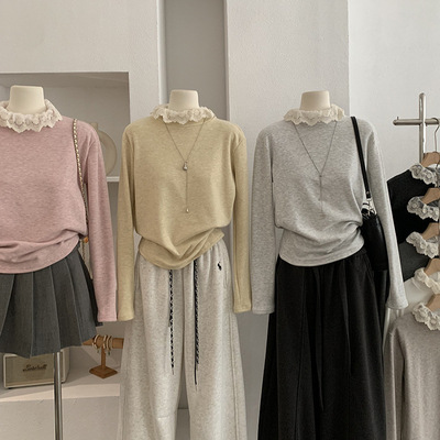 复古高领蕾丝花边纯色加绒加厚长袖内搭打底衫女一体绒T恤上衣冬