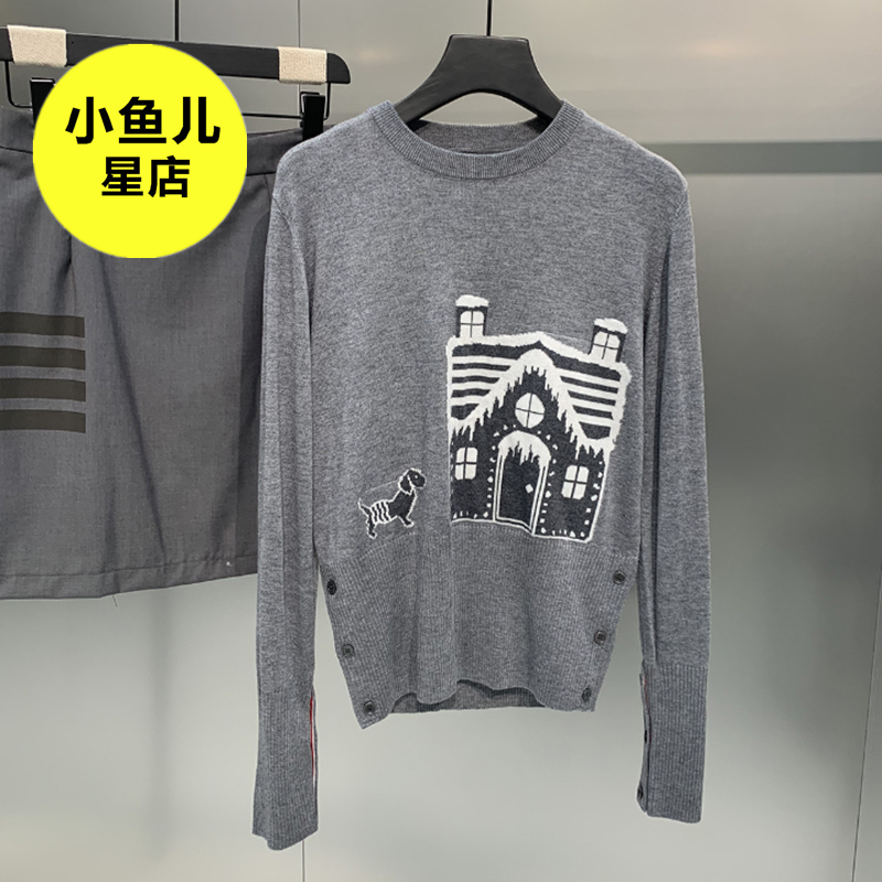 法式浪漫小众设计感雪屋小狗提花时尚减龄百搭TB圆领针织衫上衣女