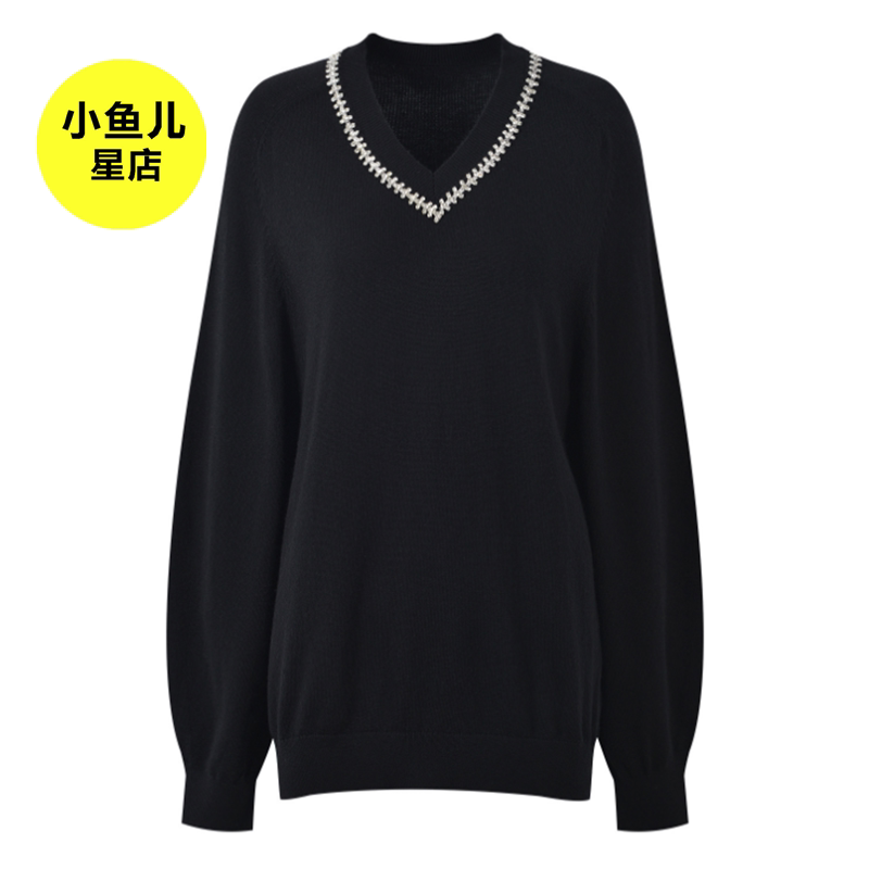 高端法式浪漫名媛重工钻饰轻奢V领黑色时尚百搭套头宽松针织上衣