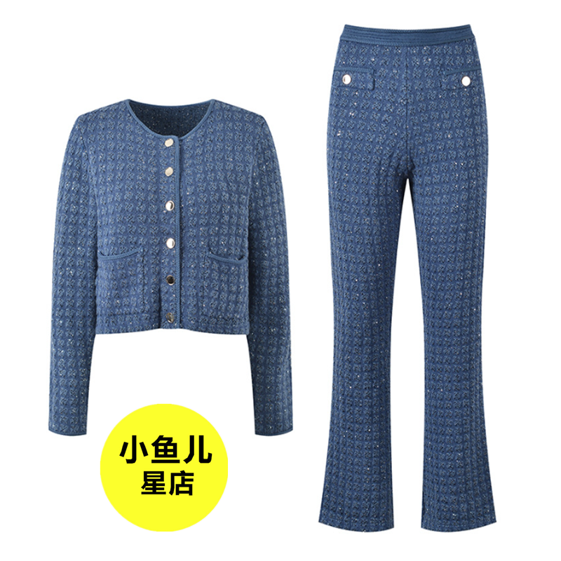 高端欧货 春夏小香风亮片粗花呢S@家牛仔蓝短连衣裙外套长裤套装