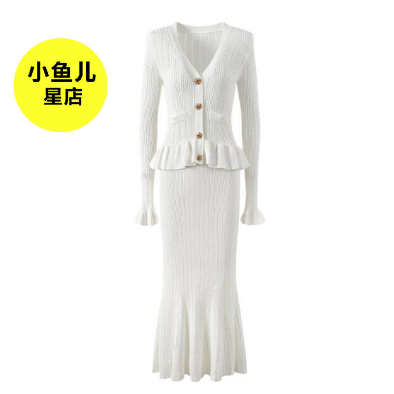 高端版法式浪漫名媛气质V领针织荷叶边拼接修身中长款鱼尾连衣裙