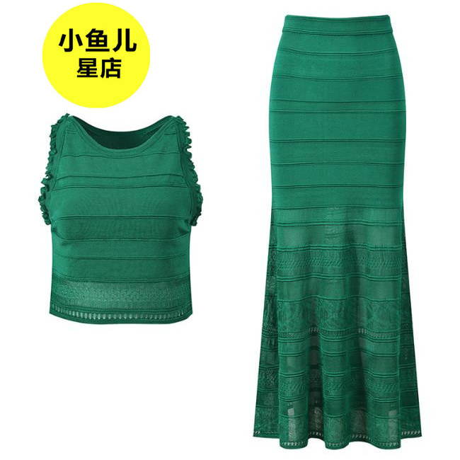 法式浪漫夏季款绿色修身显瘦气质时尚圆领无袖背心上衣半身裙套装