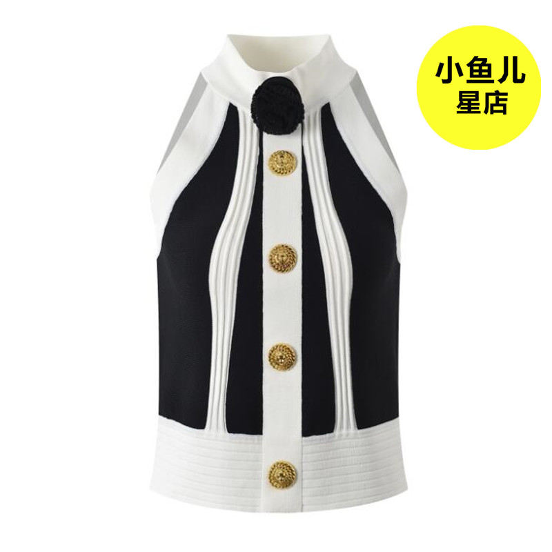 高端版法式浪漫设计感黑白撞色性感挂脖无袖黑玫瑰金属扣背心上衣