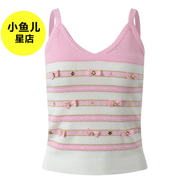 法式浪漫夏季款甜美清新蝴蝶结花朵装饰温柔减龄无袖针织吊带上衣