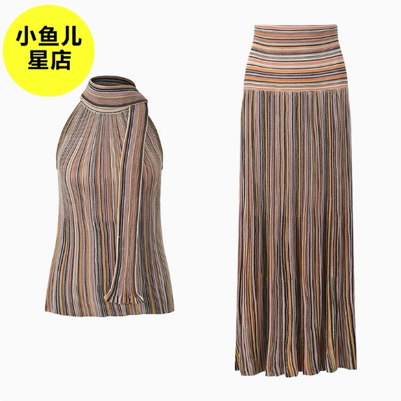 法式浪漫夏季新款时尚气质欧美风条纹金丝针织系带上衣半裙两件套