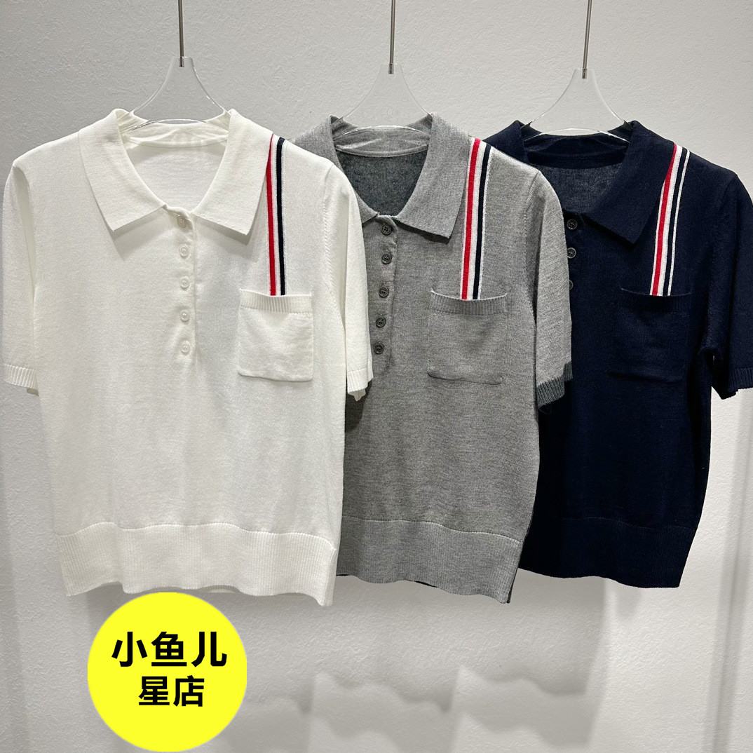 法式小众tb学院风胸前口袋彩色织带polo领短袖T恤休闲百搭上衣夏