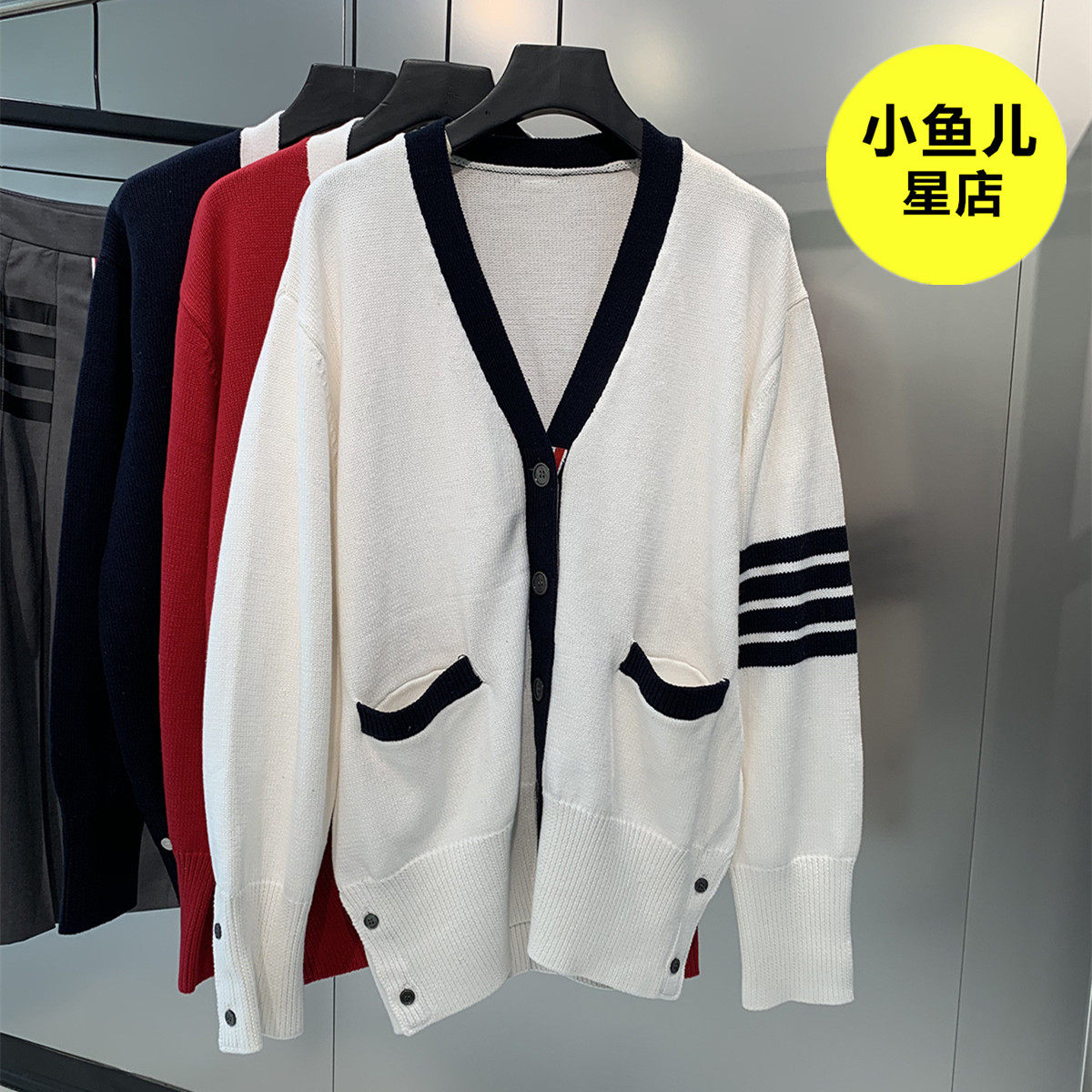 法式复古减龄TB四道杠学院风后背卡通猴子宽松大版型V领针织开衫