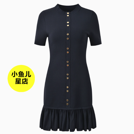 高端版夏季新款法式时尚圆领短袖百褶下摆修身显瘦短款针织连衣裙