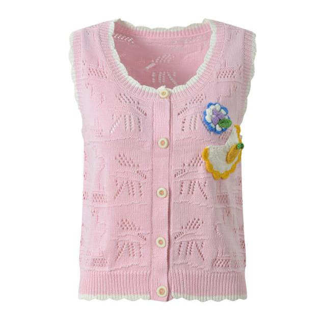 法式浪漫新款立体月亮菠萝甜美清新粉色无袖针织开衫马甲背心上衣