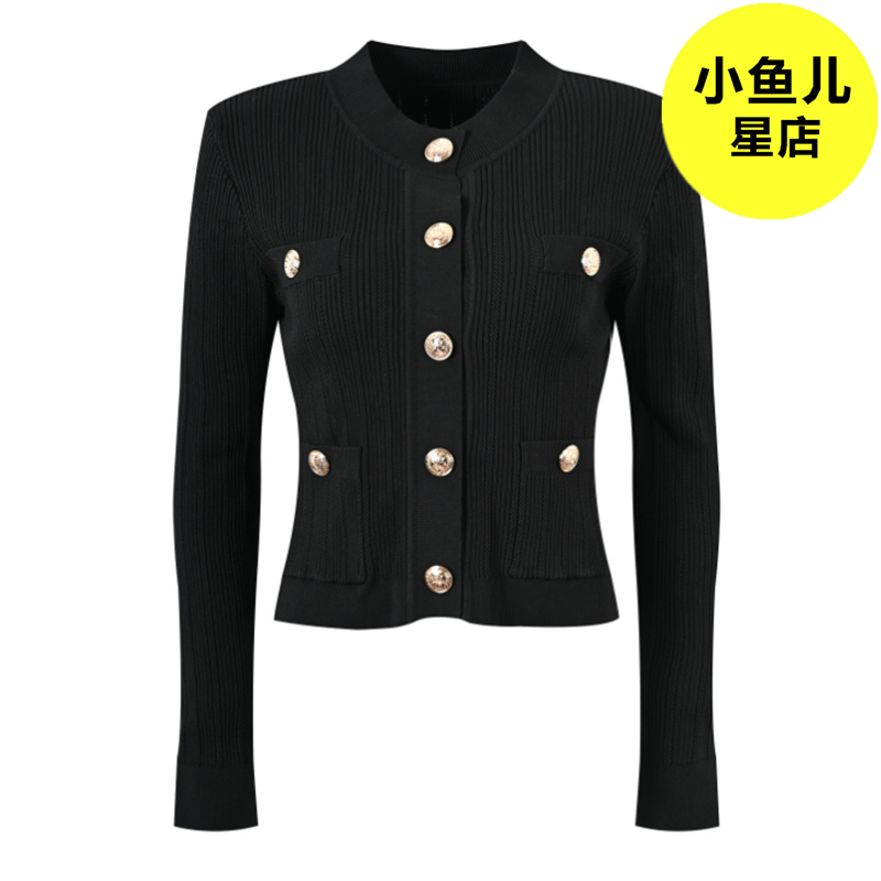 高端版 巴黎复古金扣法式风情雾霾蓝圆领修身针织开衫女短款上衣