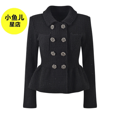 法式浪漫名媛小香风气质翻领双排扣收腰显瘦华夫格针织亮片上衣秋