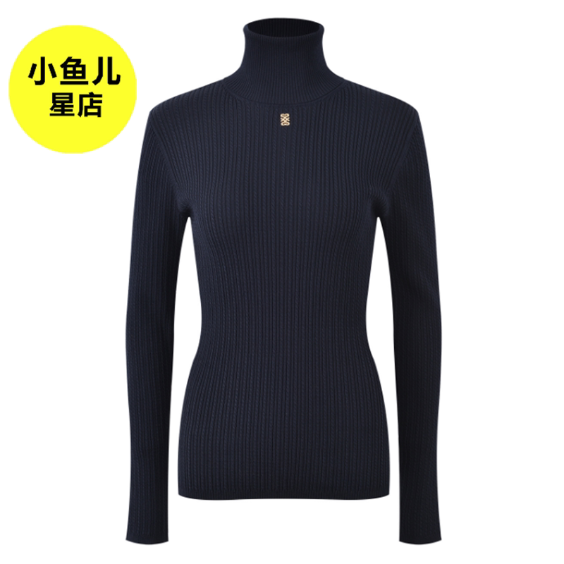 高端法式浪漫弹力修身显瘦高领口打底衫藏蓝色螺纹内搭针织衫上衣