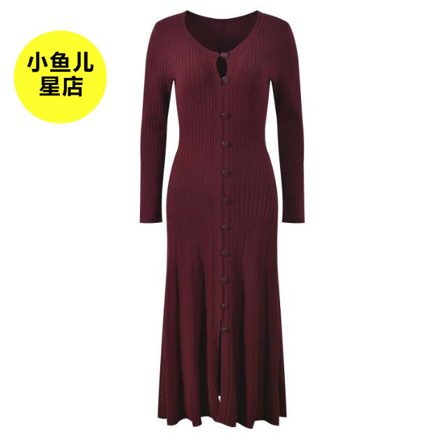 法式浪漫秋冬款竖条纹绞花气质修身显瘦圆领单排扣长款针织连衣裙
