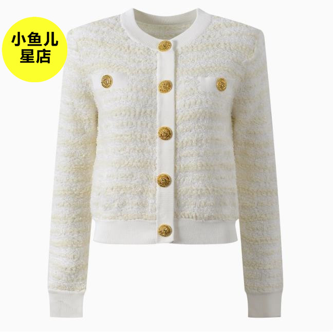 法式浪漫春秋名媛小香风金属扣浮线提花卷毛短款圆领针织开衫上衣