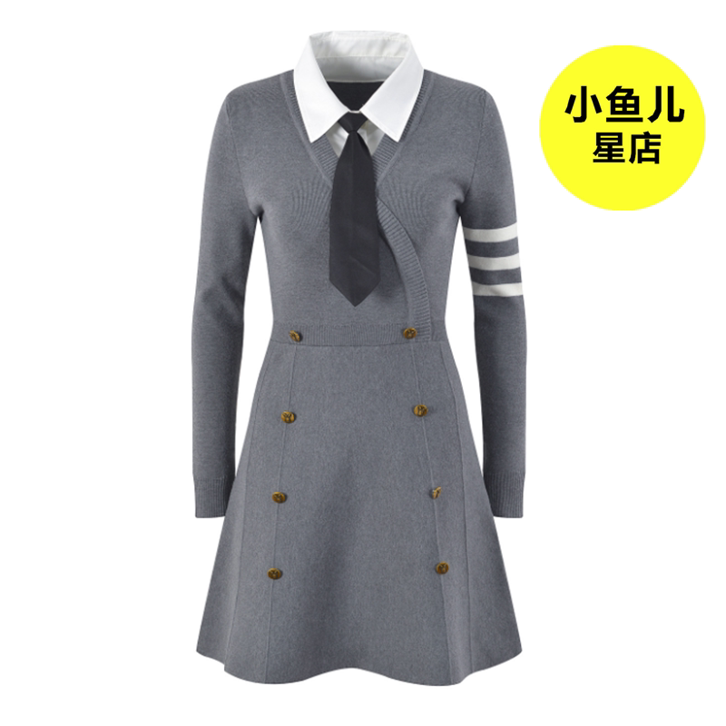 高端版 秋冬显瘦双排扣POLO领假两件学院风灰色长袖针织连衣裙