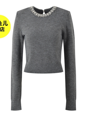 法式浪漫名媛小香风重工领口镶钻灰色甜美减龄百搭长袖针织衫上衣