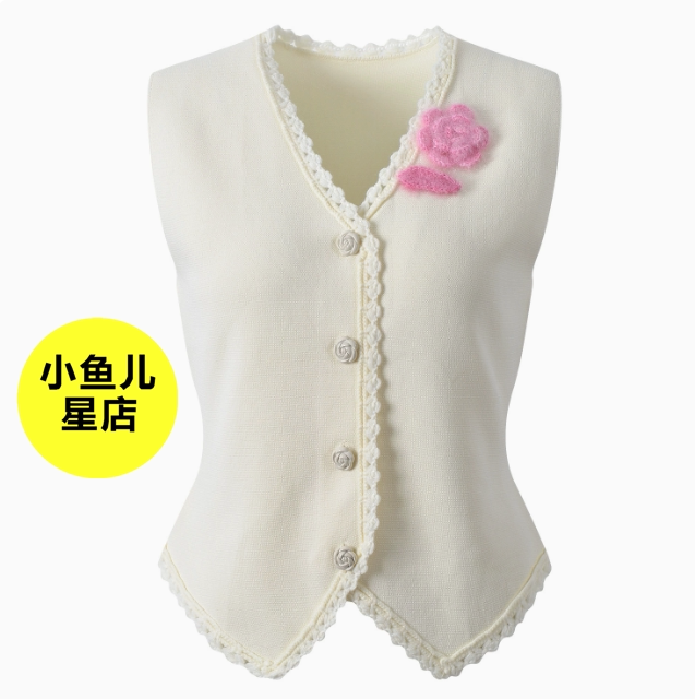 法式夏季新款时尚简约编织花边V领手工钩花短款无袖针织开衫马甲