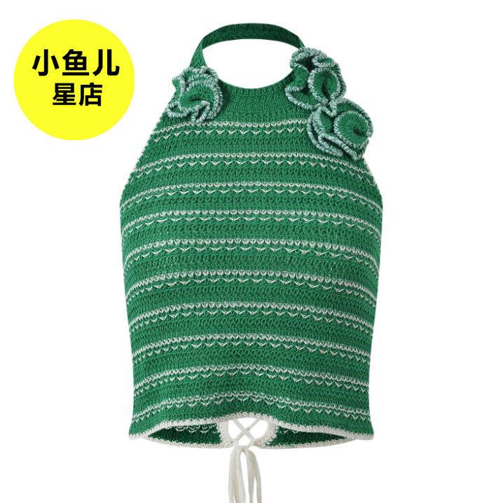 孟子义明星同款2025夏季新款手工钩花修身显瘦挂脖针织背心上衣女