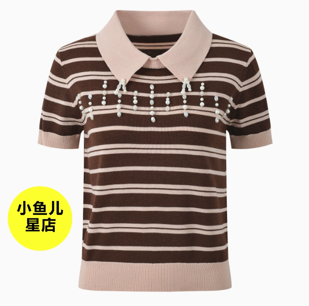 法式浪漫夏季新款设计感撞色条纹POLO领串珠装饰针织短袖T恤上衣