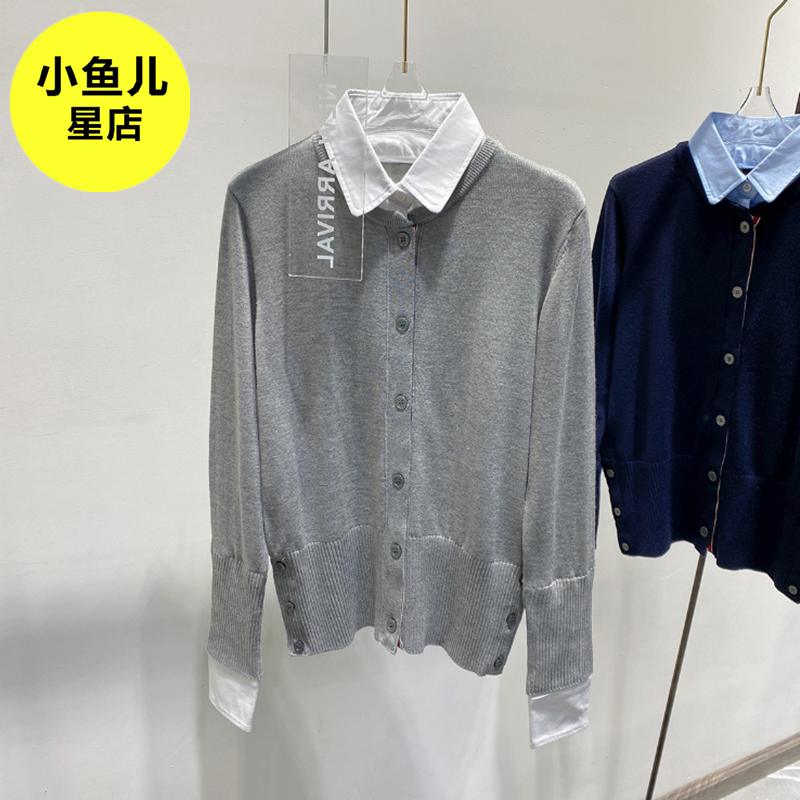 法式复古学院风秋装新品时髦翻领衬衫假两件减龄TB修身针织开衫女