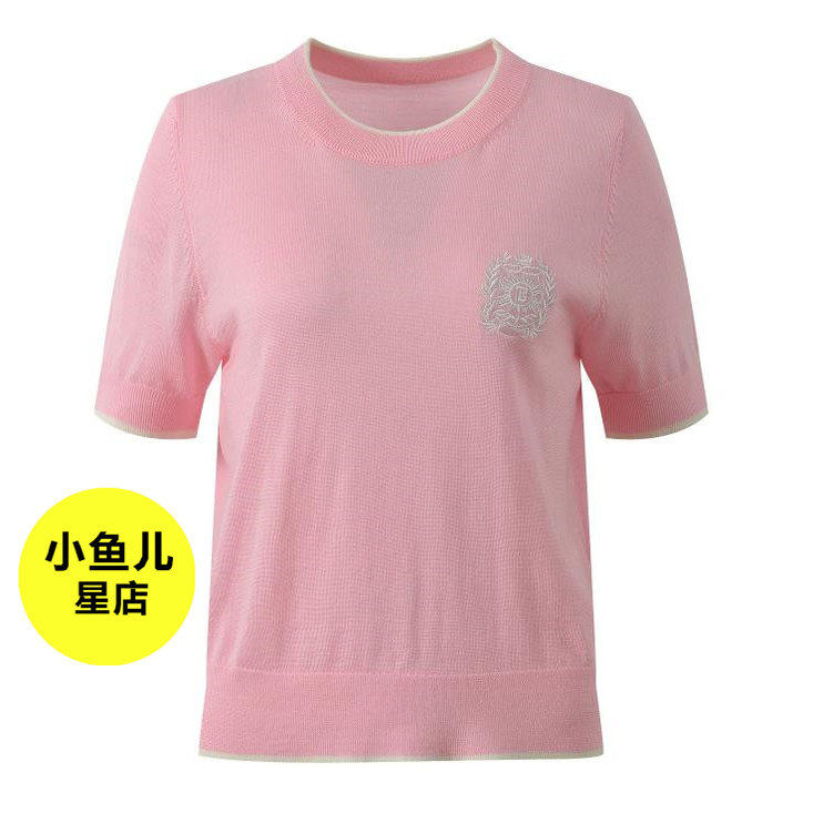 法式浪漫早秋徽章刺绣时尚减龄百搭显瘦撞色圆领短袖针织T恤上衣