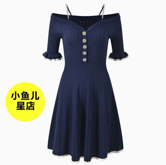 法式浪漫名媛千金风甜美气质中袖一字肩收腰短款伞裙针织连衣裙女