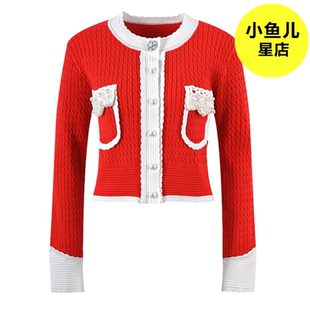 高端欧货 小众设计小香风黑白钉珠气质毛衣短外套上衣女针织开衫