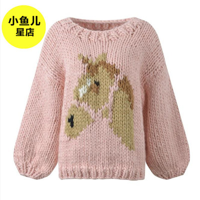 法式浪漫秋冬新款粗棒针编织小熊提花宽松时尚百搭圆领针织衫毛衣