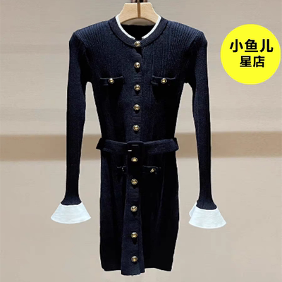 法式浪漫秋季款气质时尚修身显瘦撞色圆领单排扣含腰带长袖连衣裙