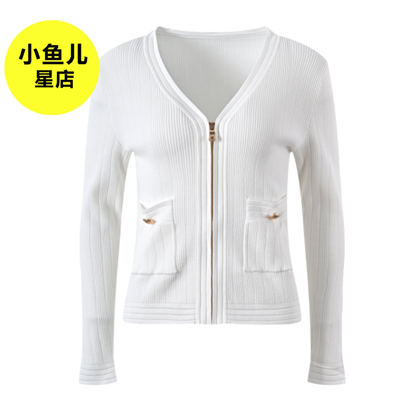 高端欧货 时髦金属拉链短款V领修身外套气质显瘦短上衣针织开衫女